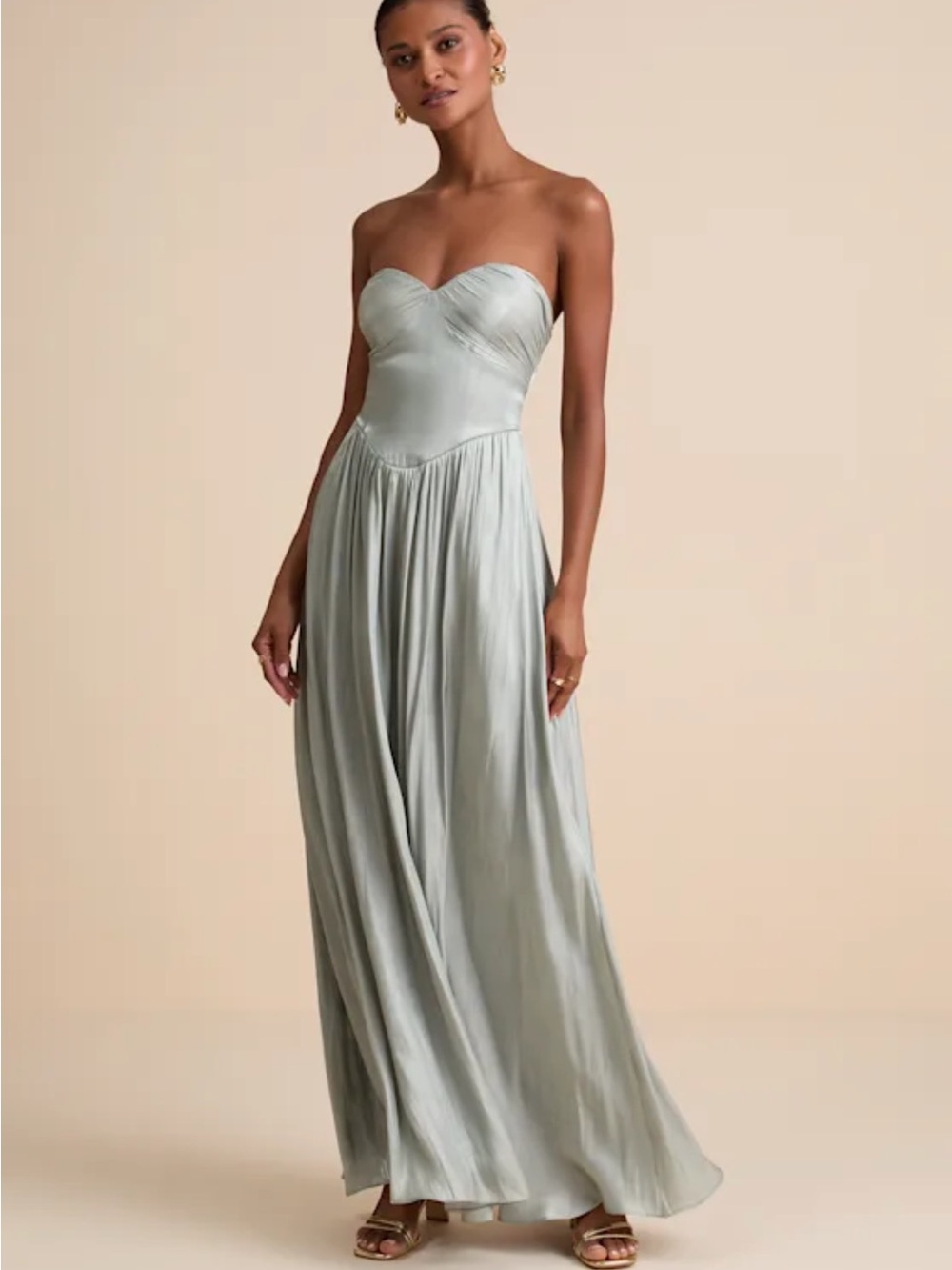 Lulu’s Kylin Sage Green Satin Basque Waist Maxi Dress. Size small